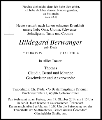 Traueranzeige von Hildegard Berwanger von Tageszeitung