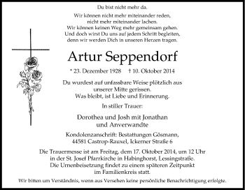 Traueranzeige von Artur Seppendorf von Tageszeitung