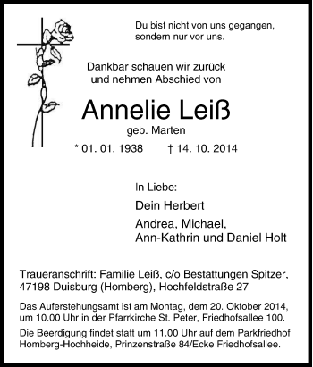 Traueranzeige von Annelie Leiß von Tageszeitung