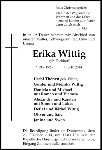 Traueranzeige von Erika Wittig von Tageszeitung