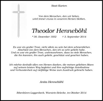 Traueranzeige von Theodor Henneböhl von Tageszeitung