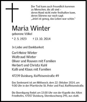 Traueranzeige von Maria Winter von Tageszeitung