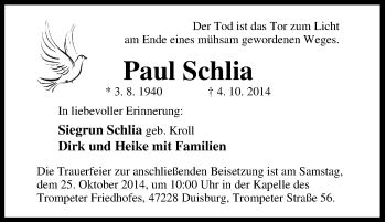 Traueranzeige von Paul Schlia von Tageszeitung