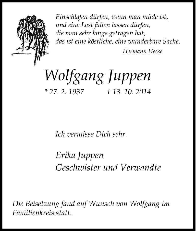  Traueranzeige für Wolfgang Juppen vom 20.10.2014 aus Tageszeitung