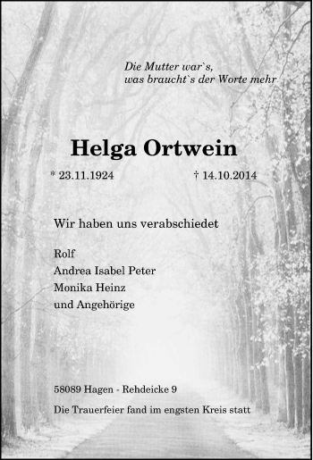 Traueranzeige von Helga Ortwein von Tageszeitung