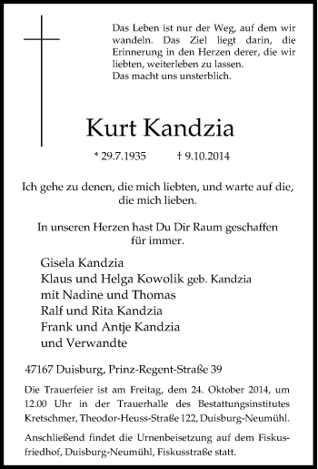 Traueranzeige von Kurt Kandzia von Tageszeitung