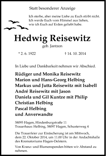 Traueranzeige von Hedwig Reisewitz von Tageszeitung