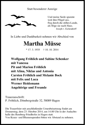 Traueranzeige von Martha Müsse von Tageszeitung