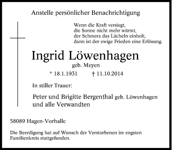 Traueranzeige von Ingrid Löwenhagen von Tageszeitung