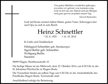 Traueranzeige von Heinz Schnettler von Tageszeitung