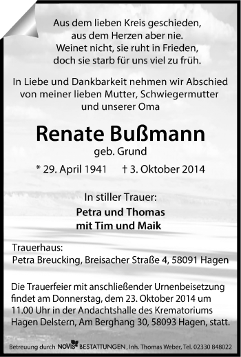 Traueranzeige von Renate Bußmann von Tageszeitung