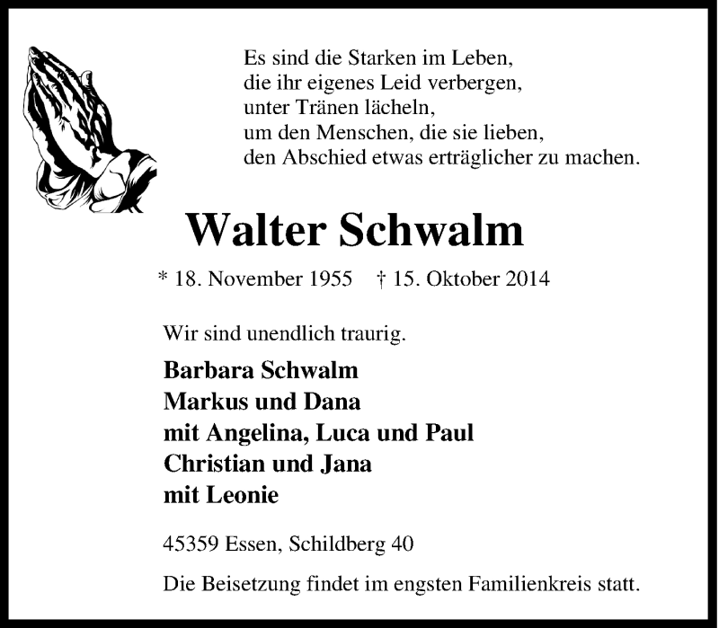  Traueranzeige für Walter Schwalm vom 18.10.2014 aus Tageszeitung