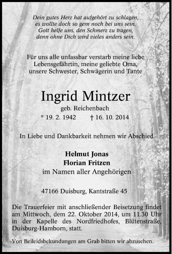 Traueranzeige von Ingrid Mintzer von Tageszeitung