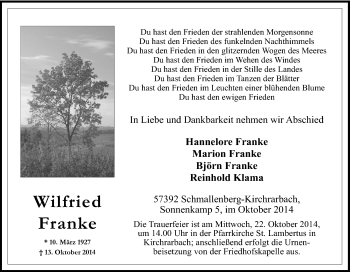 Traueranzeige von Wilfried Franke von Tageszeitung