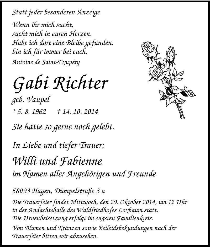  Traueranzeige für Gabi Richter vom 18.10.2014 aus Tageszeitung