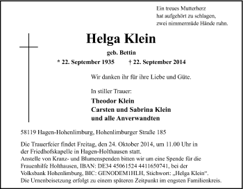Traueranzeige von Helga Klein von Tageszeitung