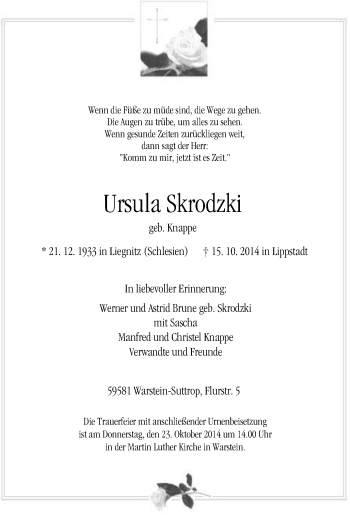 Traueranzeige von Ursula Skrodzki von Tageszeitung