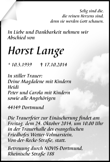Traueranzeige von Horst Lange von Tageszeitung