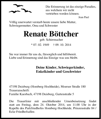 Traueranzeige von Renate Böttcher von Tageszeitung
