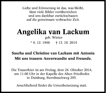 Traueranzeige von Angelika van Lackum von Tageszeitung