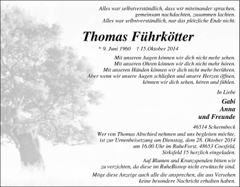 Traueranzeige von Thomas Führkötter von Tageszeitung