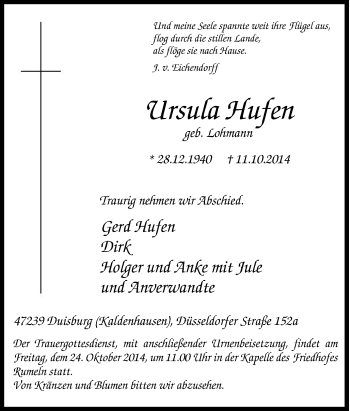 Traueranzeige von Ursula Hufen von Tageszeitung