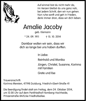 Traueranzeige von Amalie Jacoby von Tageszeitung