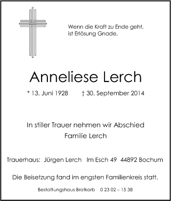 Traueranzeige von Anneliese Lerch von Tageszeitung
