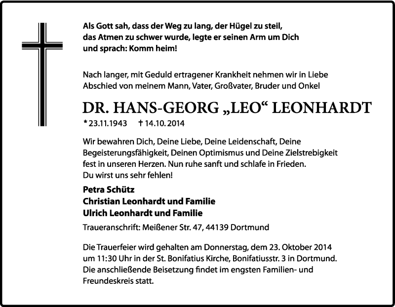  Traueranzeige für Hans-Georg Leonhardt vom 18.10.2014 aus Tageszeitung