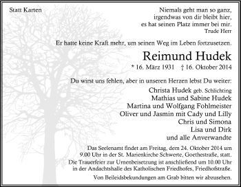 Traueranzeige von Reimund Hudek von Tageszeitung