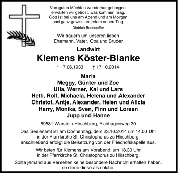 Traueranzeige von Klemens Köster-Blanke von Tageszeitung