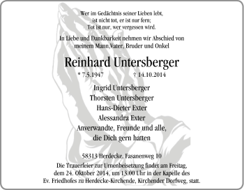 Traueranzeige von Reinhard Untersberger von Tageszeitung
