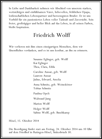 Traueranzeigen von Friedrich Wolff TrauerinNRW.de