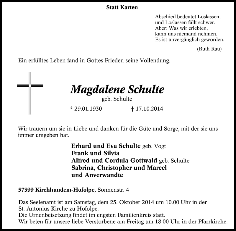  Traueranzeige für Magdalene  Schulte vom 20.10.2014 aus Tageszeitung