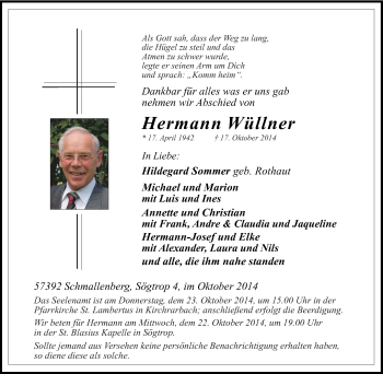Traueranzeige von Hermann Wüllner von Tageszeitung