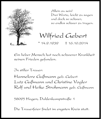 Traueranzeige von Wilfried Gebert von Tageszeitung