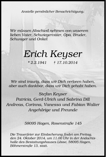Traueranzeige von Erich Keyser von Tageszeitung