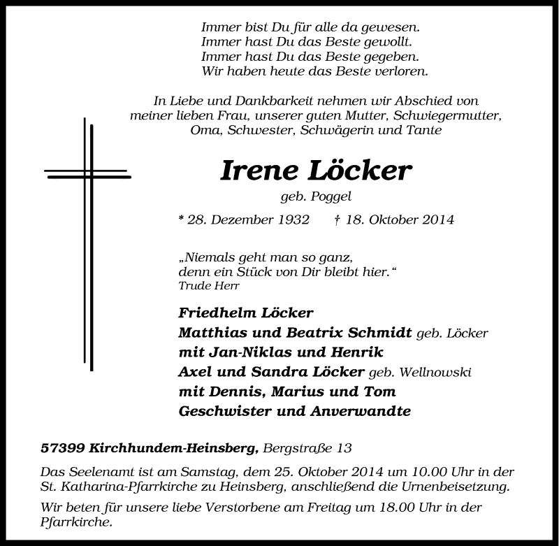  Traueranzeige für Irene Löcker vom 21.10.2014 aus Tageszeitung