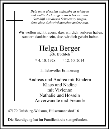 Traueranzeige von Helga Berger von Tageszeitung