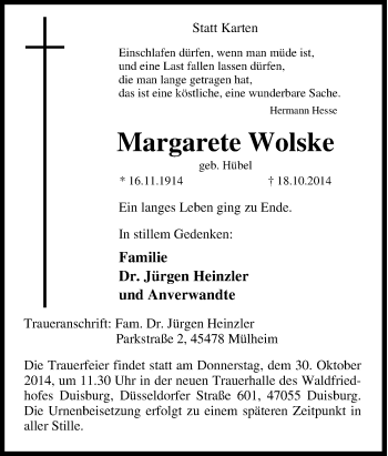Traueranzeige von Margarete  Wolske von Tageszeitung