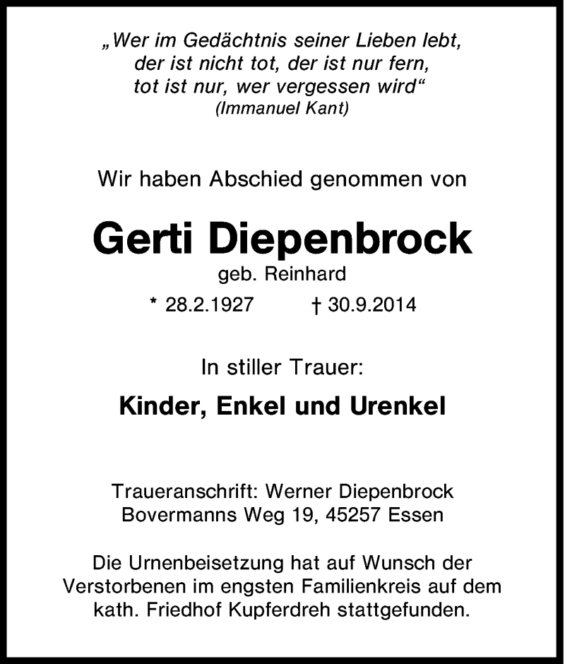  Traueranzeige für Gerti Diepenbrock vom 25.10.2014 aus Tageszeitung