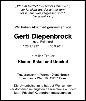 Traueranzeige von Gerti Diepenbrock von Tageszeitung