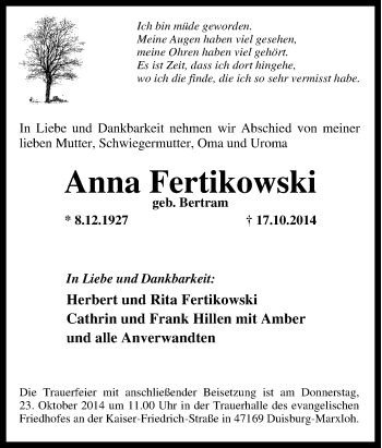 Traueranzeige von Anna Fertikowski von Tageszeitung