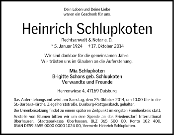 Traueranzeige von Heinrich Schlupkoten von Tageszeitung