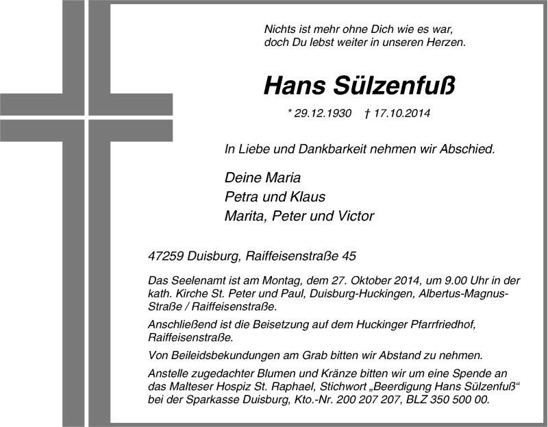  Traueranzeige für Hans Sülzenfuß vom 22.10.2014 aus Tageszeitung