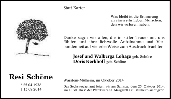 Traueranzeige von Resi Schöne von Tageszeitung