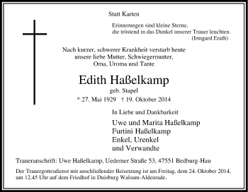 Traueranzeige von Edith Haßelkamp von Tageszeitung