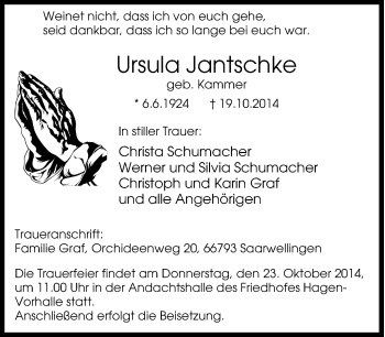 Traueranzeige von Ursula Jantschke von Tageszeitung