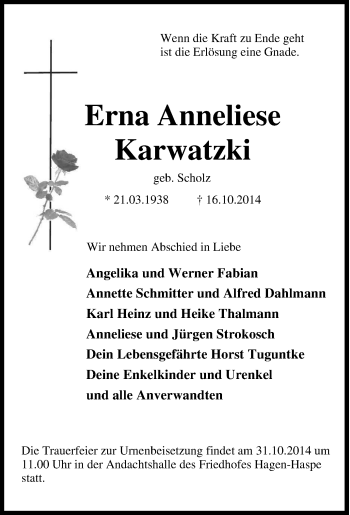 Traueranzeige von Erna Anneliese Karwatzki von Tageszeitung