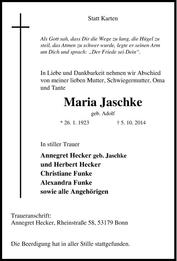  Traueranzeige für Maria Jaschke vom 25.10.2014 aus Tageszeitung